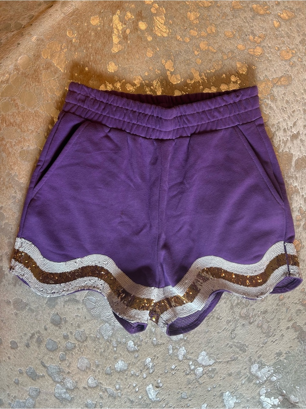 QUEEN OF SPARKLES purple shorts with gold & white scallop sequined hem Size S